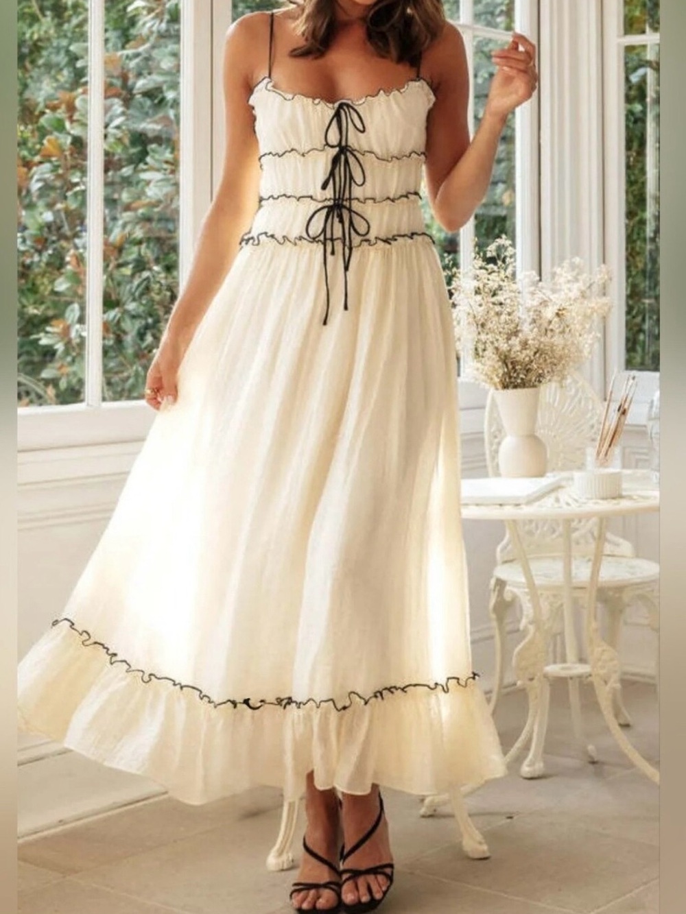 NWT! Cream & Black Frill Cami Maxi Dress - Picture 2 of 5